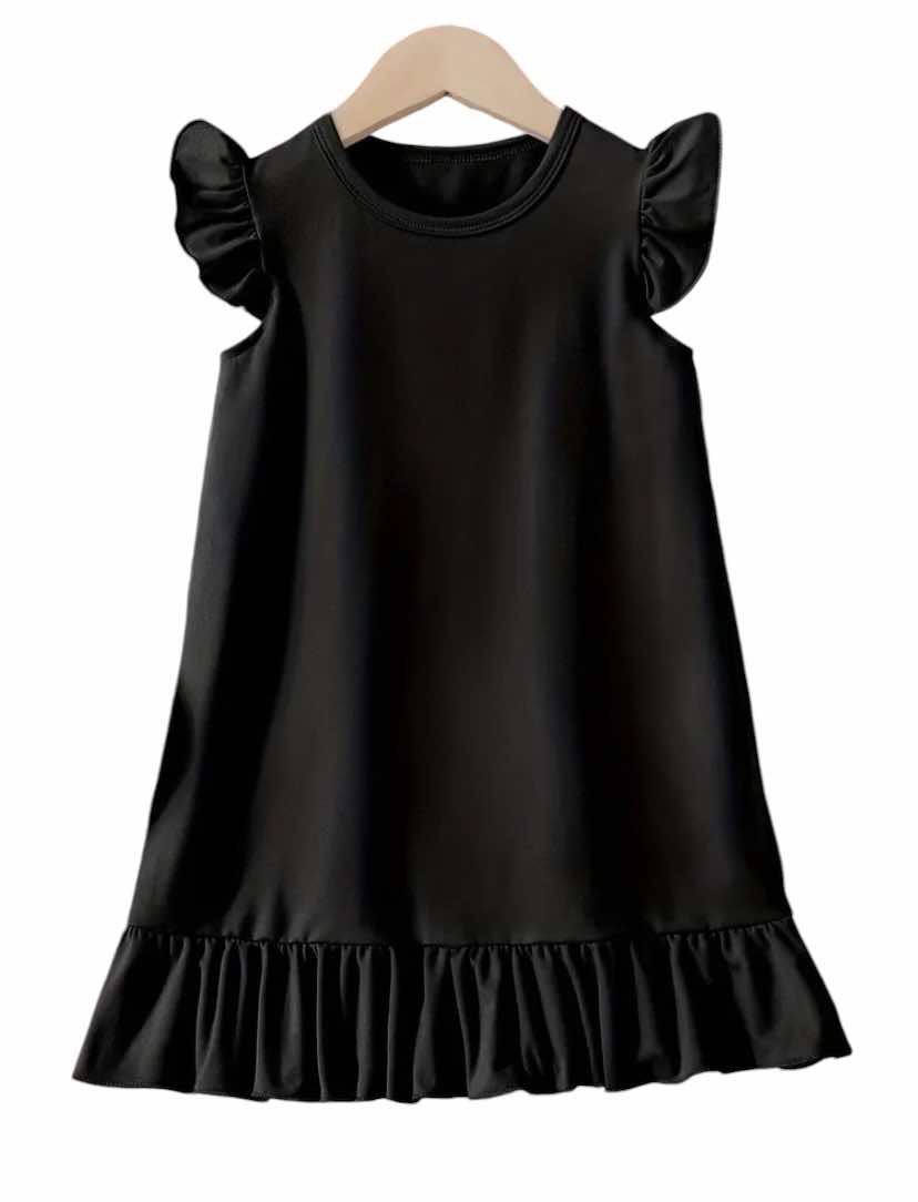 Flutter Sleeve Ruffle Hem Black Dress