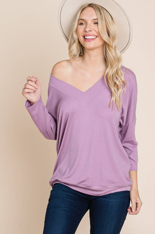 ETK-8674 Casual Basic Solid V Neck Top