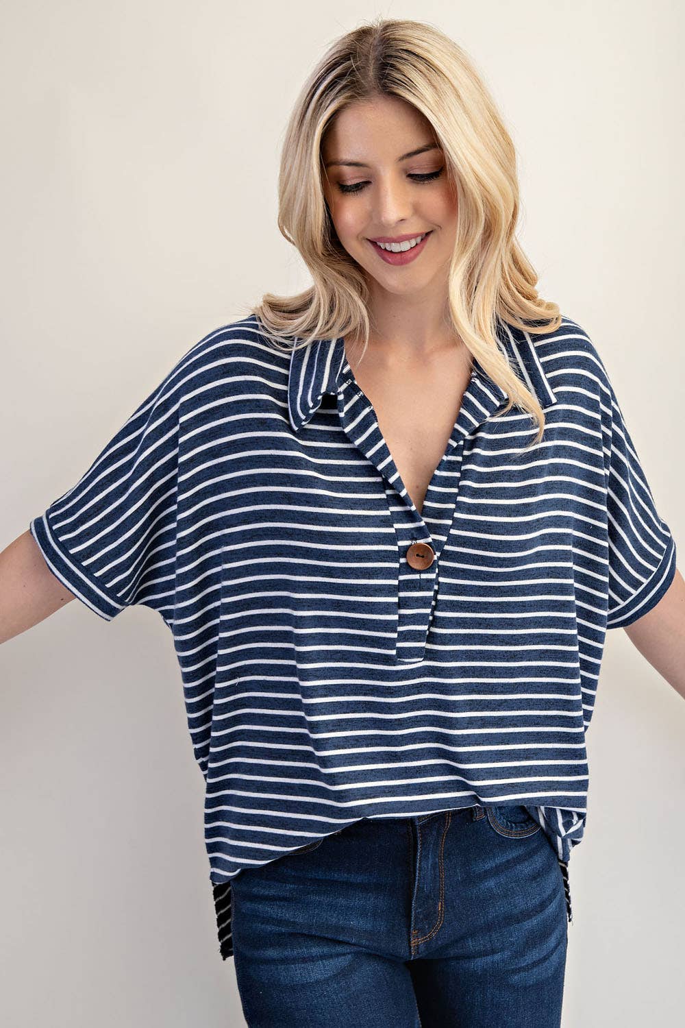 PLUS SIZE STRIPED BUTTON-FRONT COLLARED TOP -CT23913A