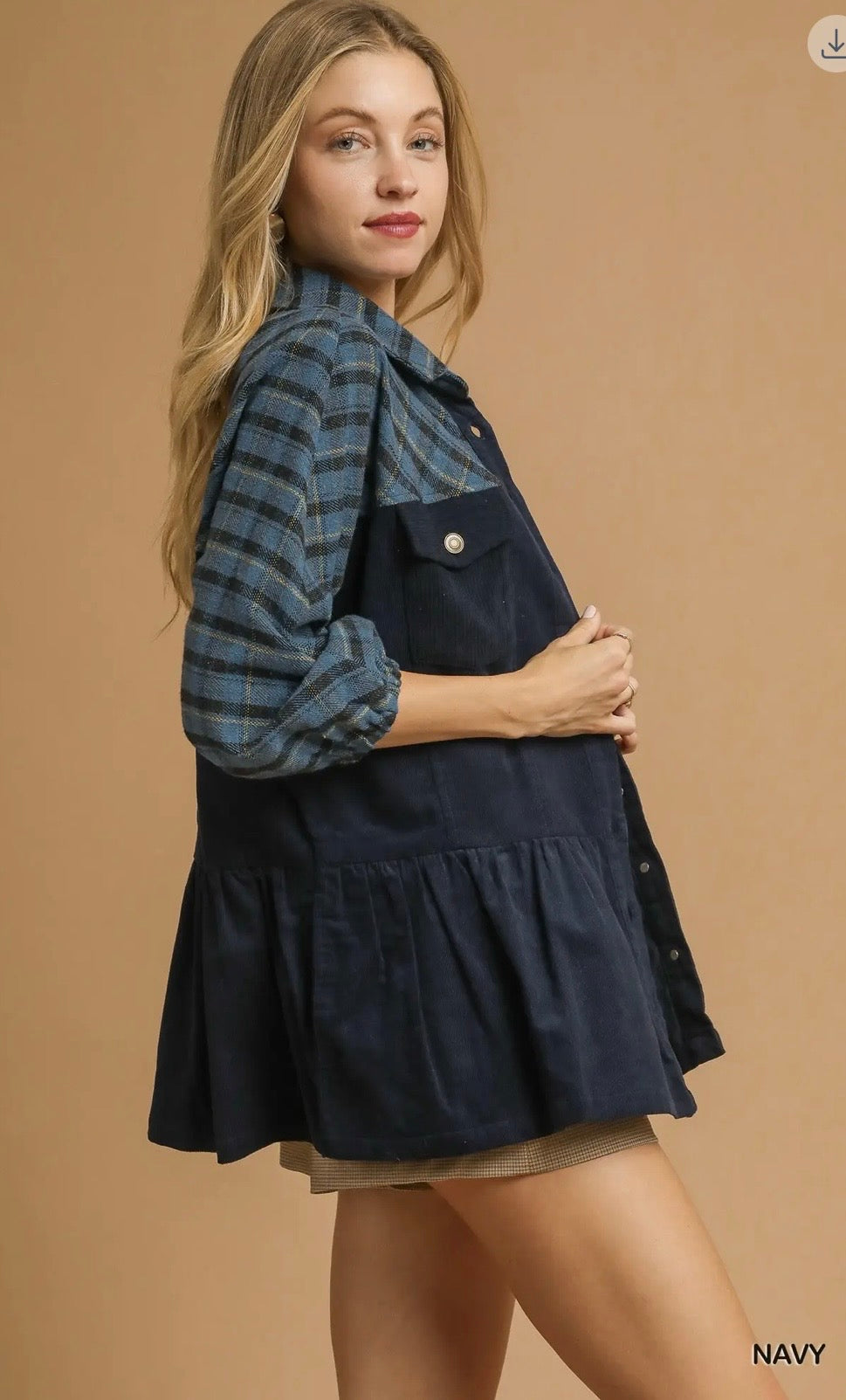 Plaid Contrast Corduroy Button Down Shacket