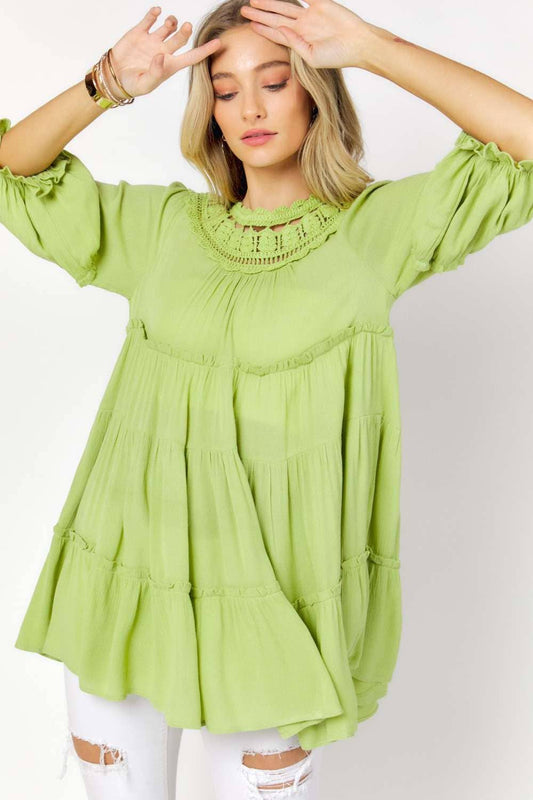 SOLID FLARED 3/4 SLEEVE ROUND NECK TOP