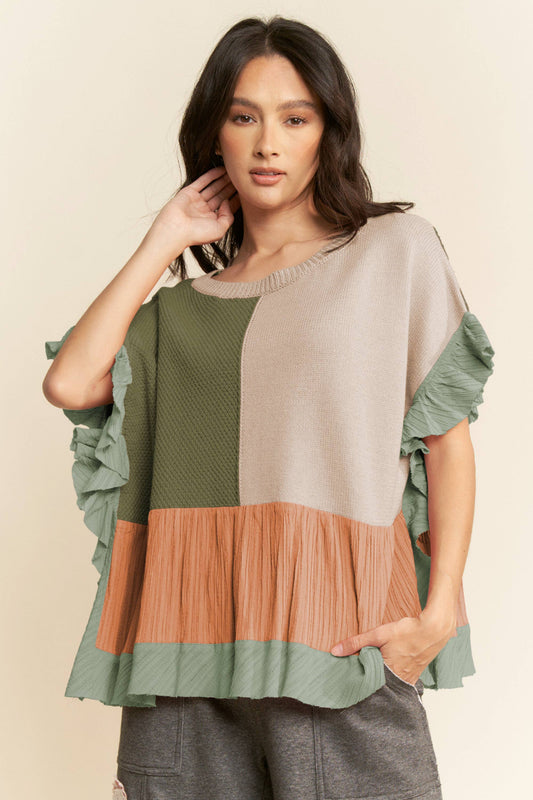 SWEATER MIX TEXTURED FABRIC RUFFLE DETAIL TOP