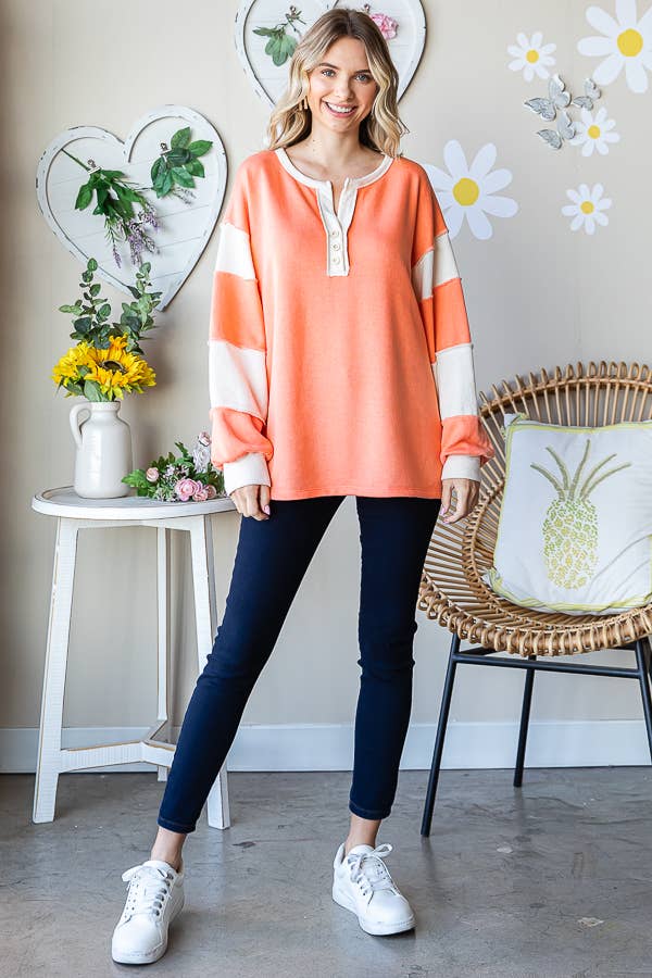 Cotton Button Front Drop Shoulder Side Slit Pullover T5410