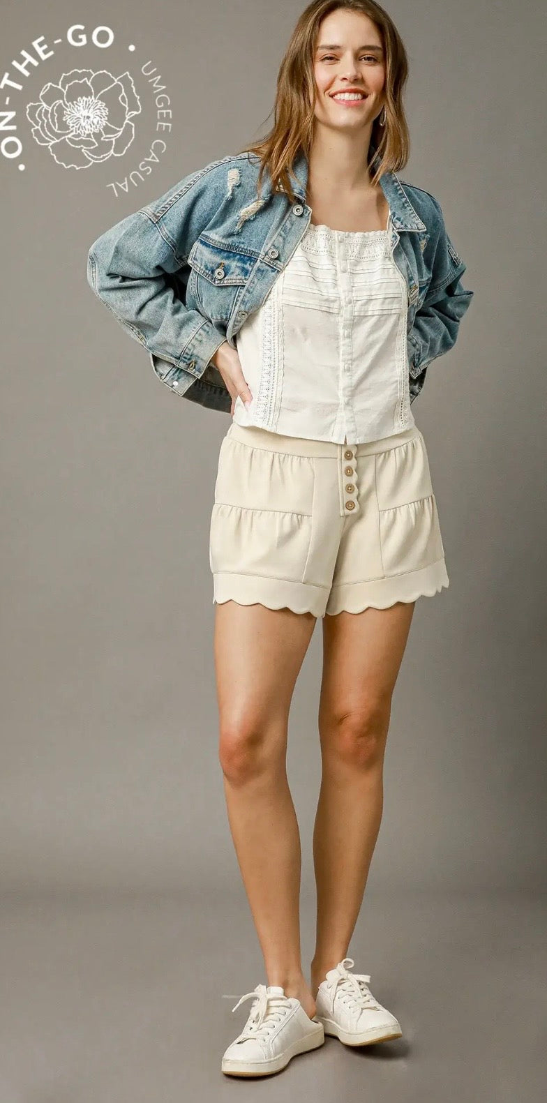 UMGEE Scalloped High-Waisted Button Shorts