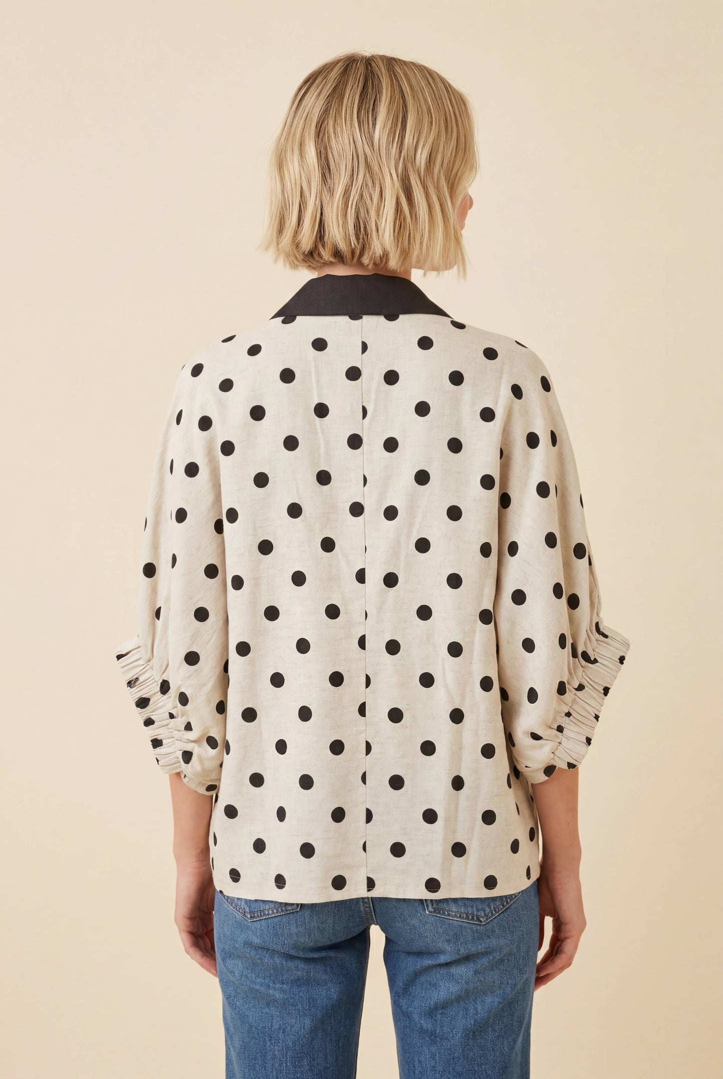 HT20396 Polka Dot Scallop Trim Dolman Sleeve Blouse