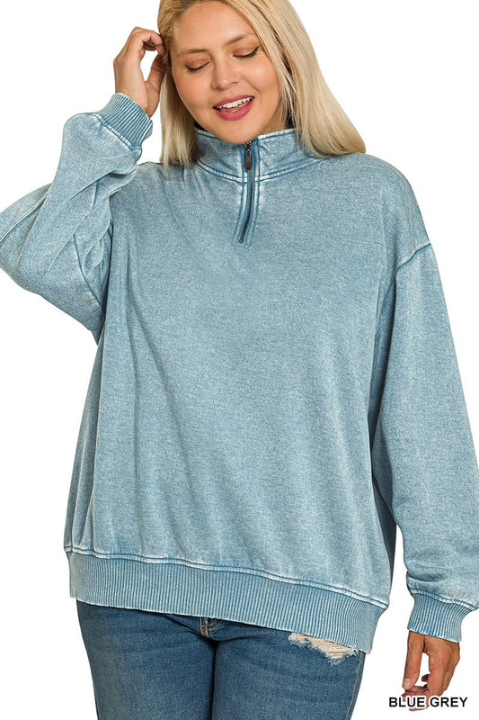 Plus Acid Wash Fleece Half Zip Pullover
