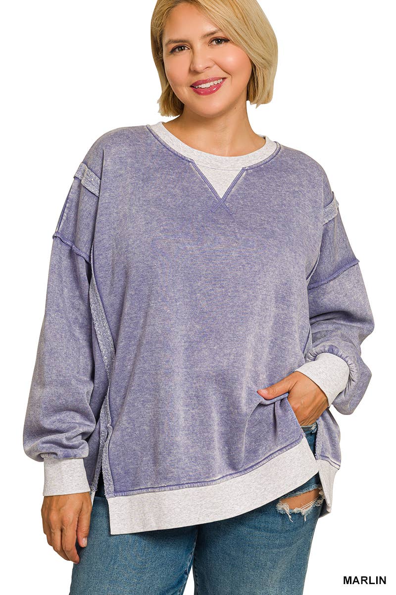 Plus Fleece Acid Washed Contrast Trim Pullover Zenana