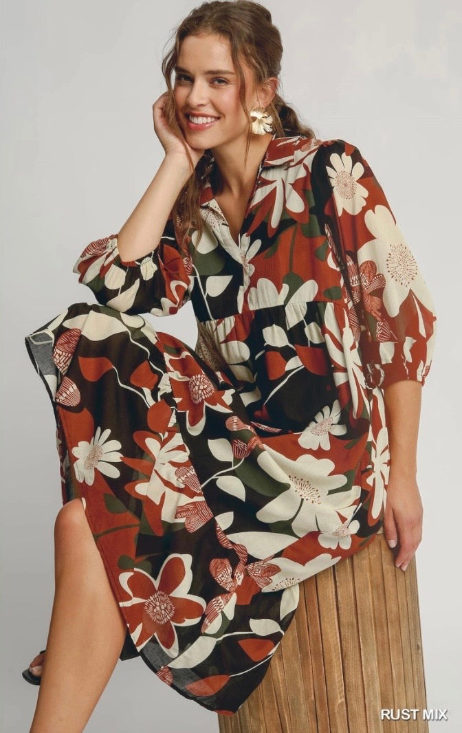 Floral Abstract Print Tiered Dress