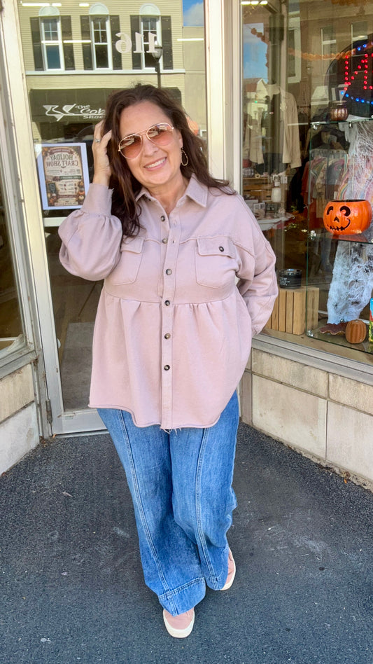 Washed French Terry Mix Frayed Detail Peplum Jacket
