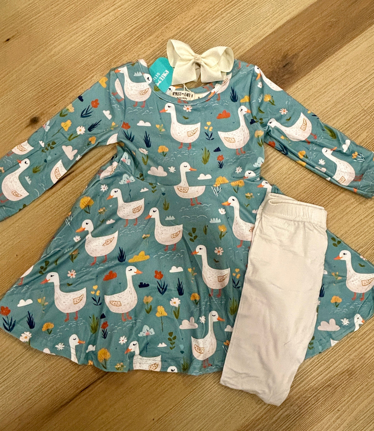 Fall Goose Print Girls Long Sleeve Twirl Dress