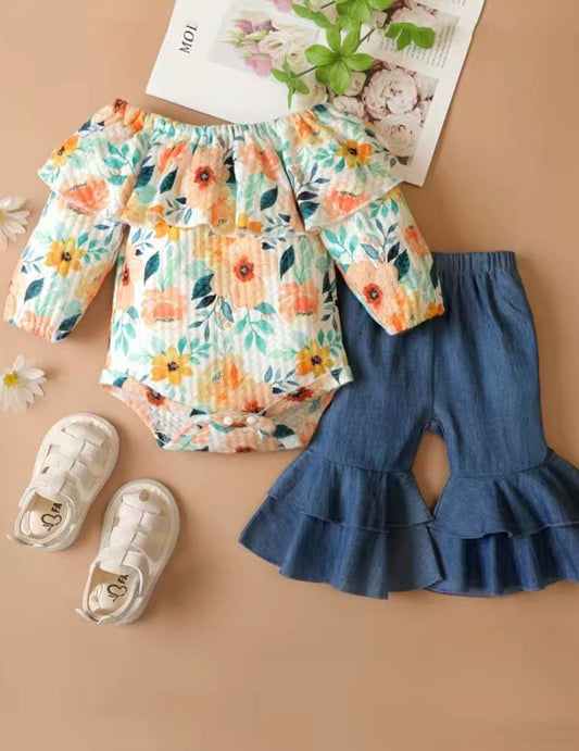 Floral Romper With Soft Denim Bells