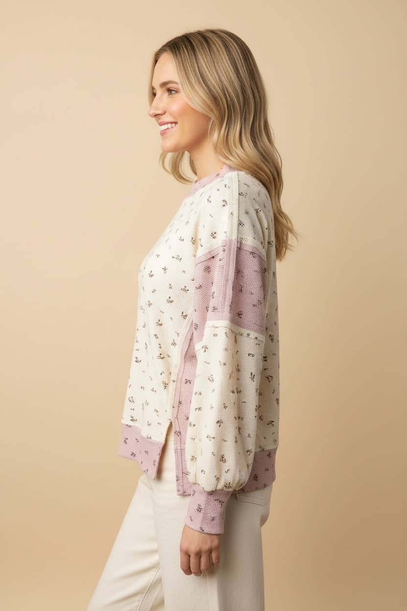 Floral Print Colorblock Waffle Knit Top