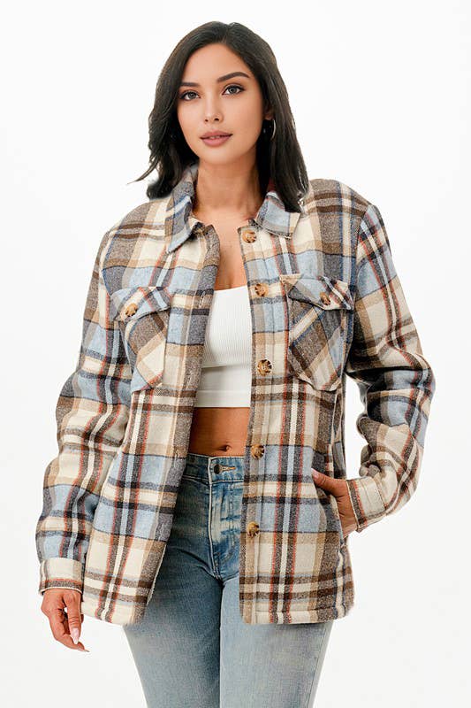 Fur lined plaid flannel shirt jacket shacket with pockets