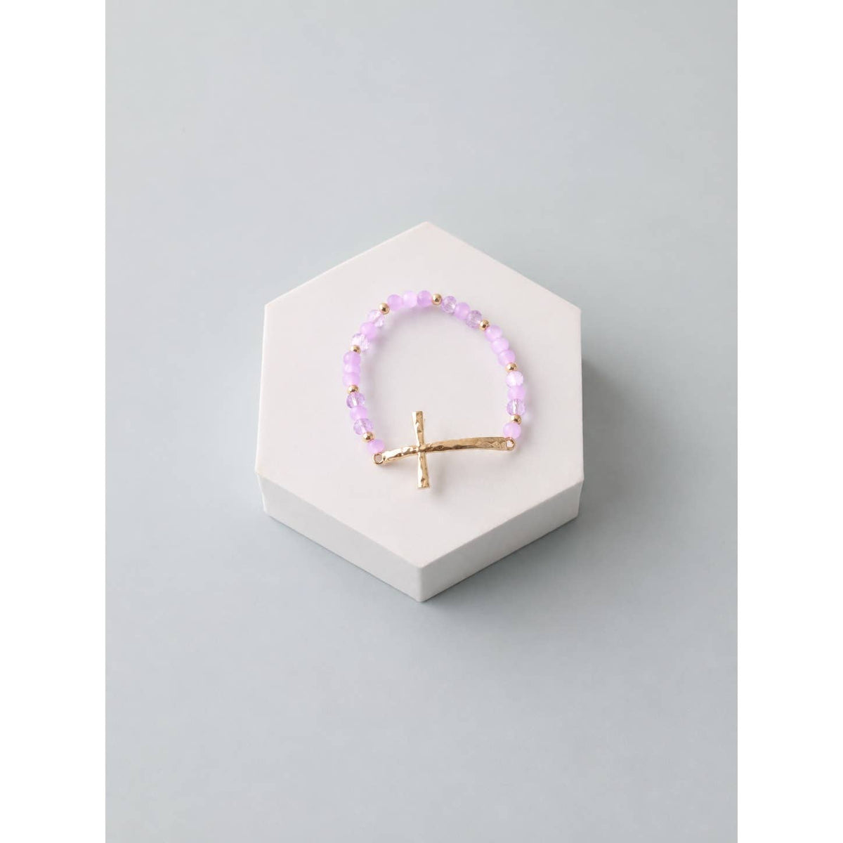 Hammered Cross Soft Tone Mixed Bead Stretch Bracelet