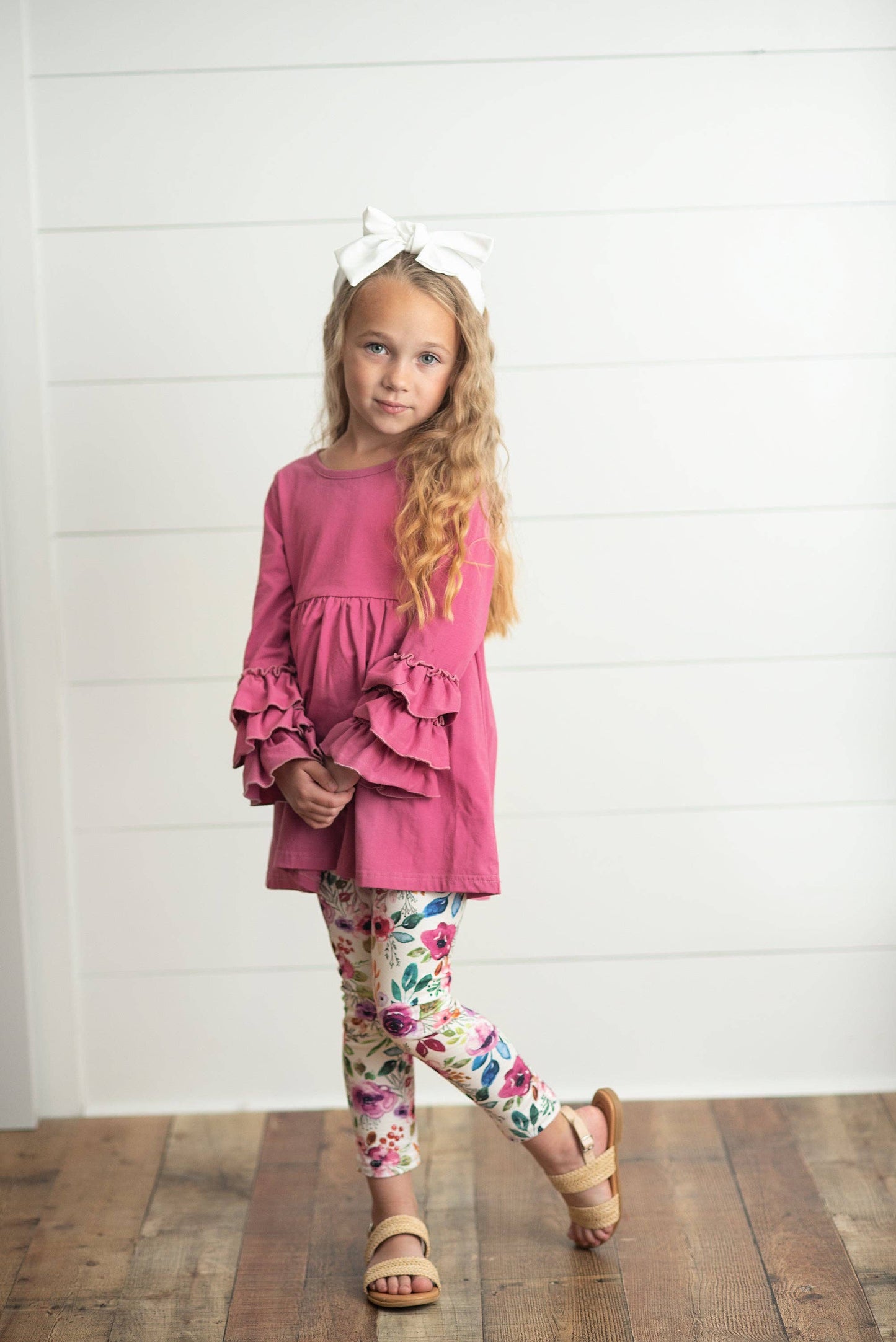 Kids Plum Floral 3 Ruffles Shirt & Leggings Set