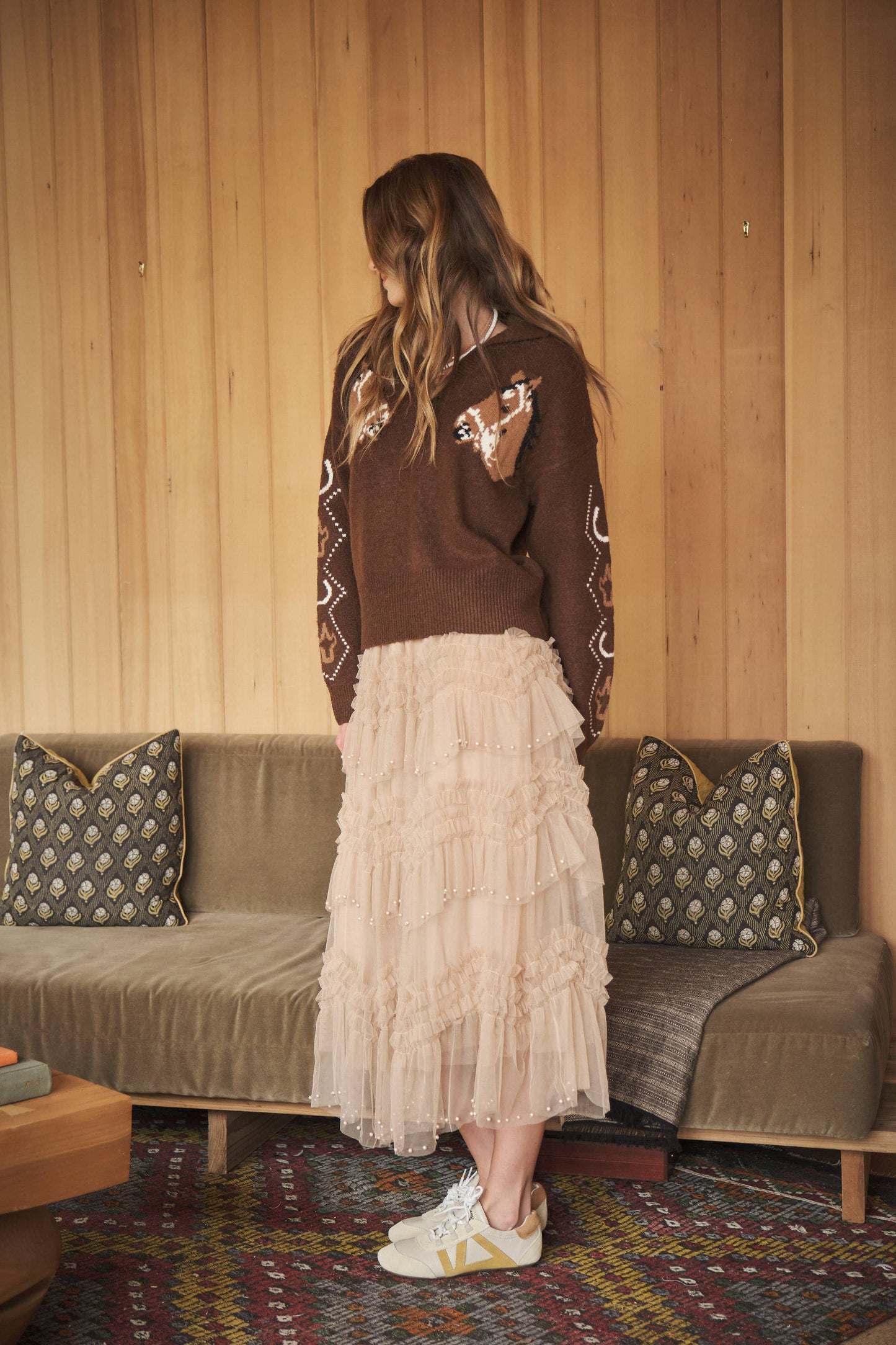 Tiered Ruffle Tulle Skirt With Pearls