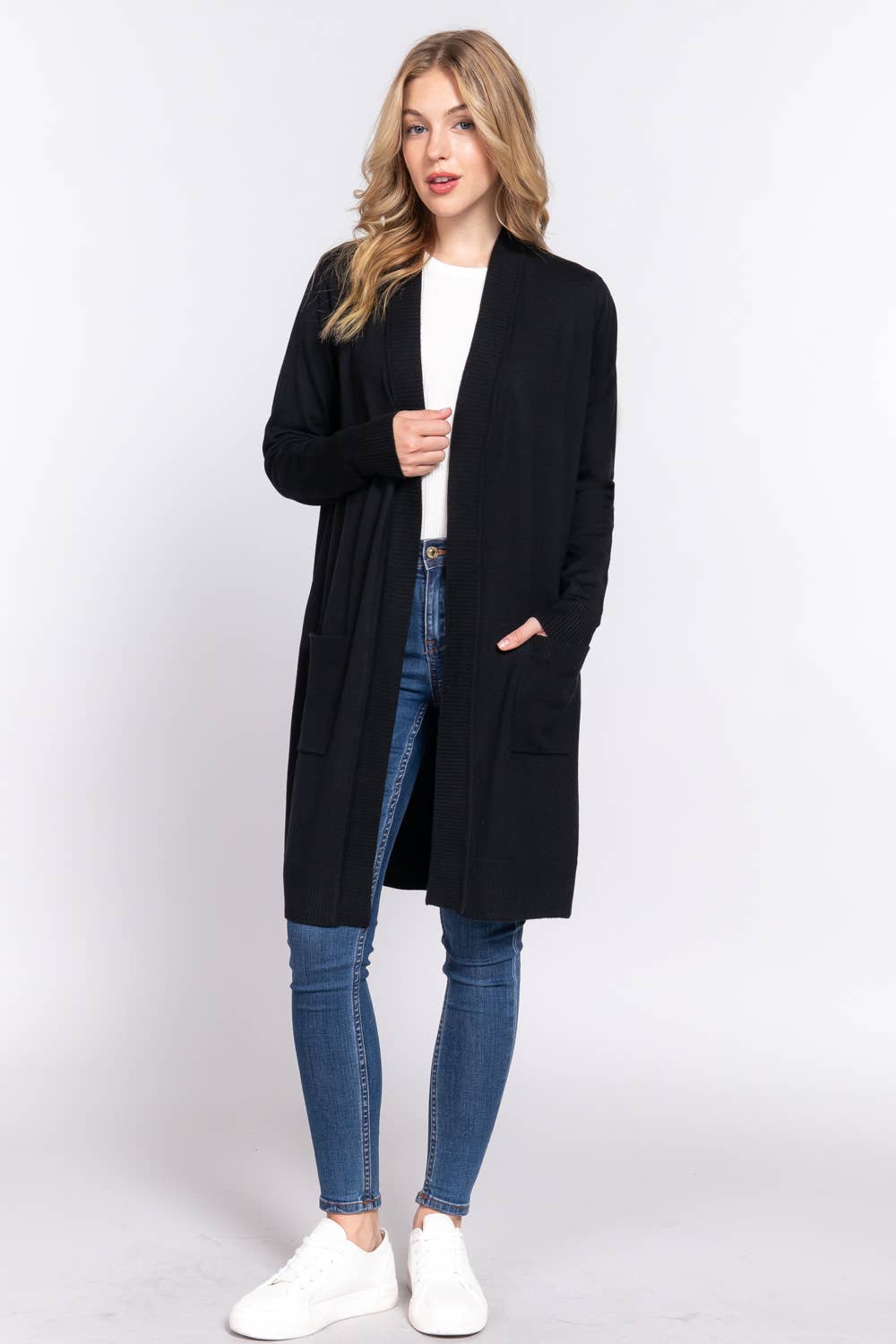 Long Sleeve Rib Banded Open Tunic Sweater Cardigan