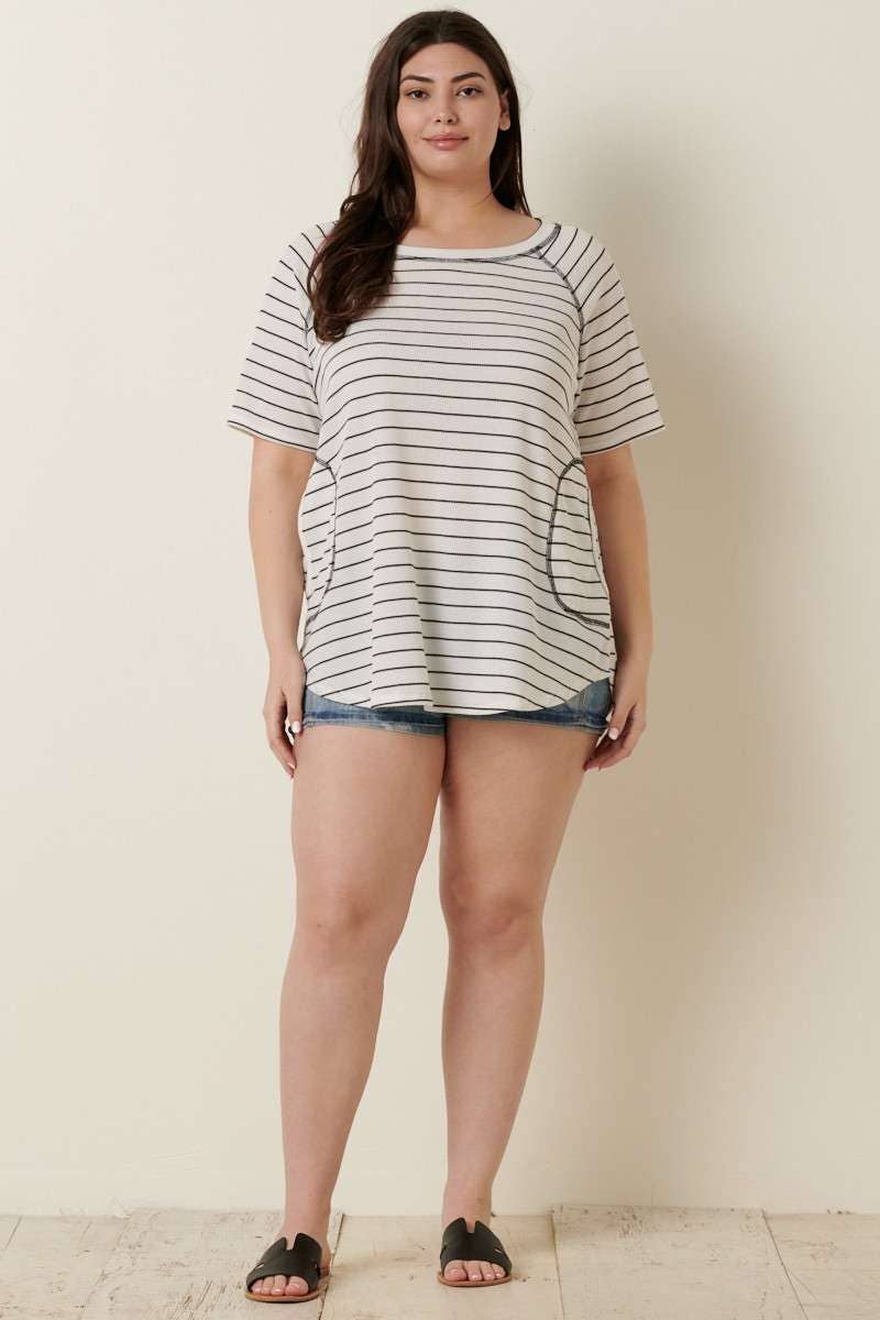 PLUS THERMAL STRIPE FRONT POCKET DETAIL KNIT TOP