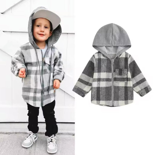 Gray Plaid Hoodie Zip Up Flannel