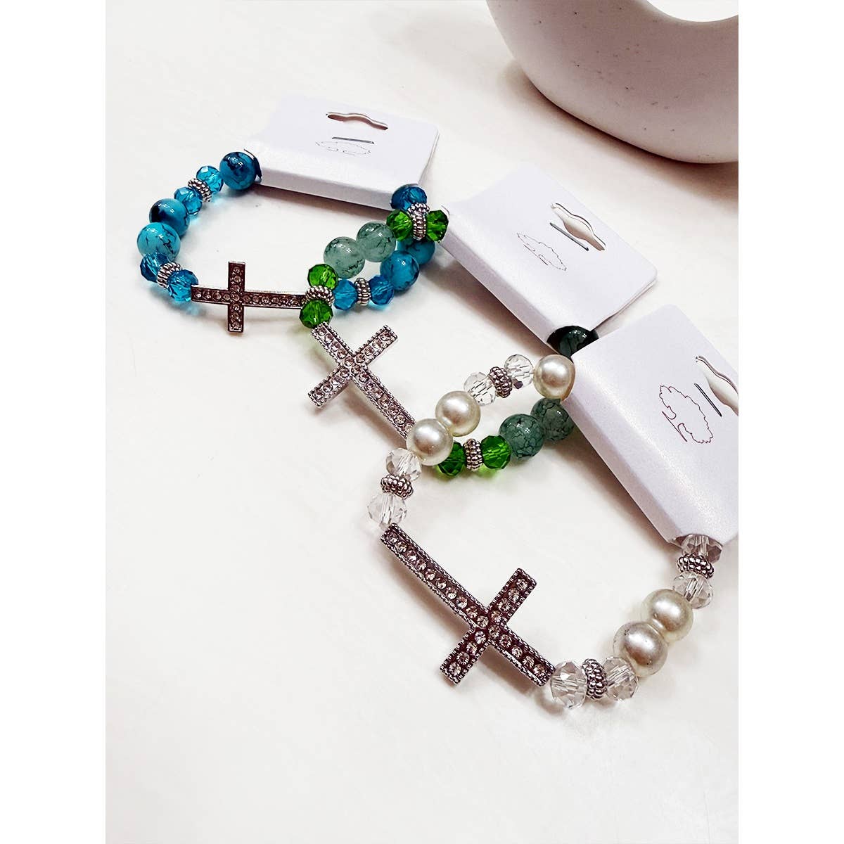 Rhinestone Cross Multi Tone Beaded Bracelet