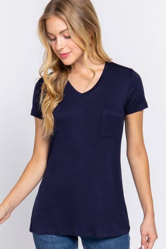 Short Sleeve V-neck Top with Pocket