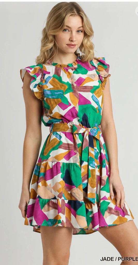 UMGEE Abstract Print Round Neck Tiered Dress with Ruffle Sleeves