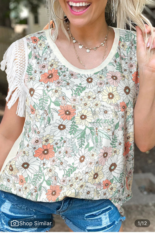 Lace Fringe Floral Blouse