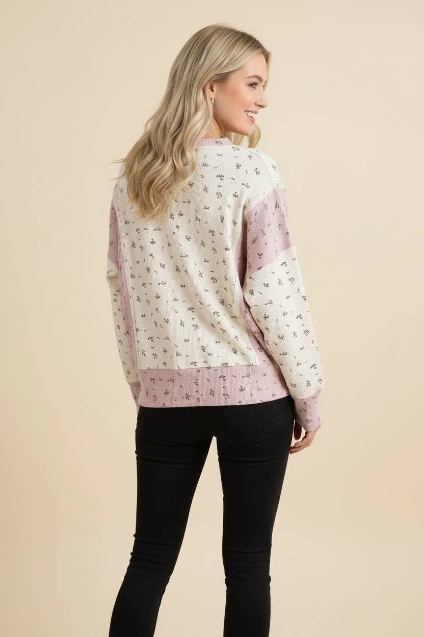 Floral Print Colorblock Waffle Knit Top