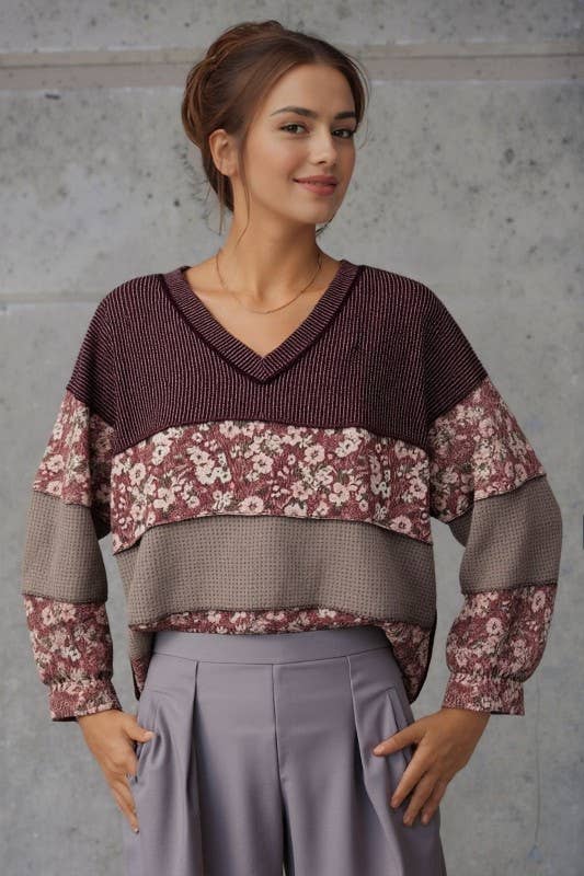 FLORAL COLOR BLOCK URBAN RIB TOP