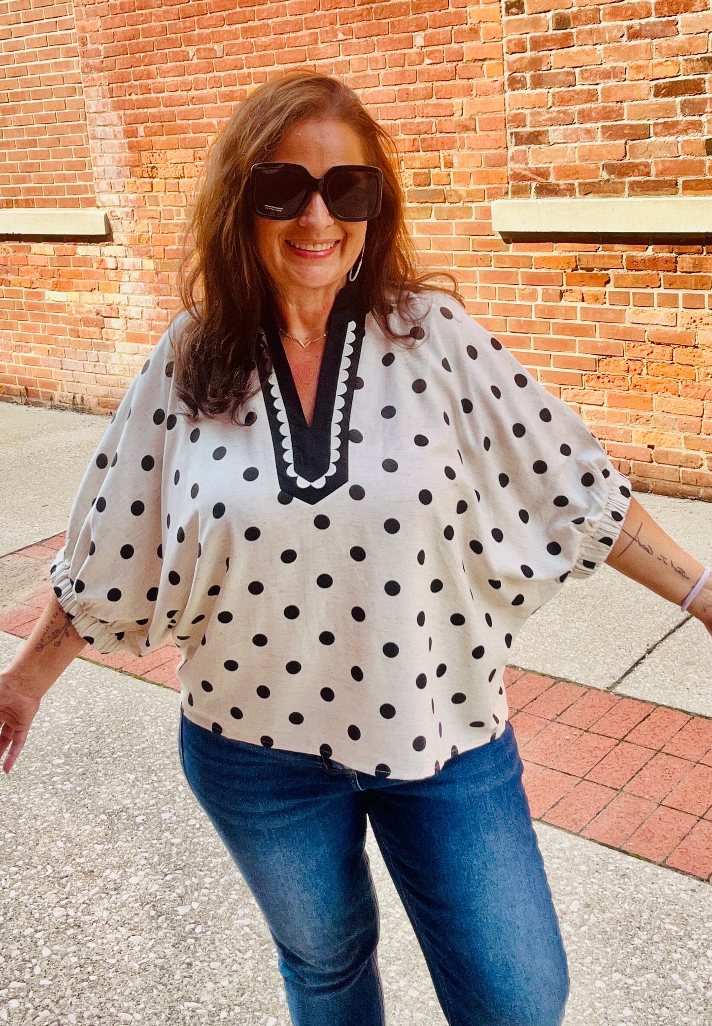 HT20396 Polka Dot Scallop Trim Dolman Sleeve Blouse