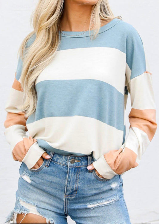 Light Blue Colorblock Striped Top