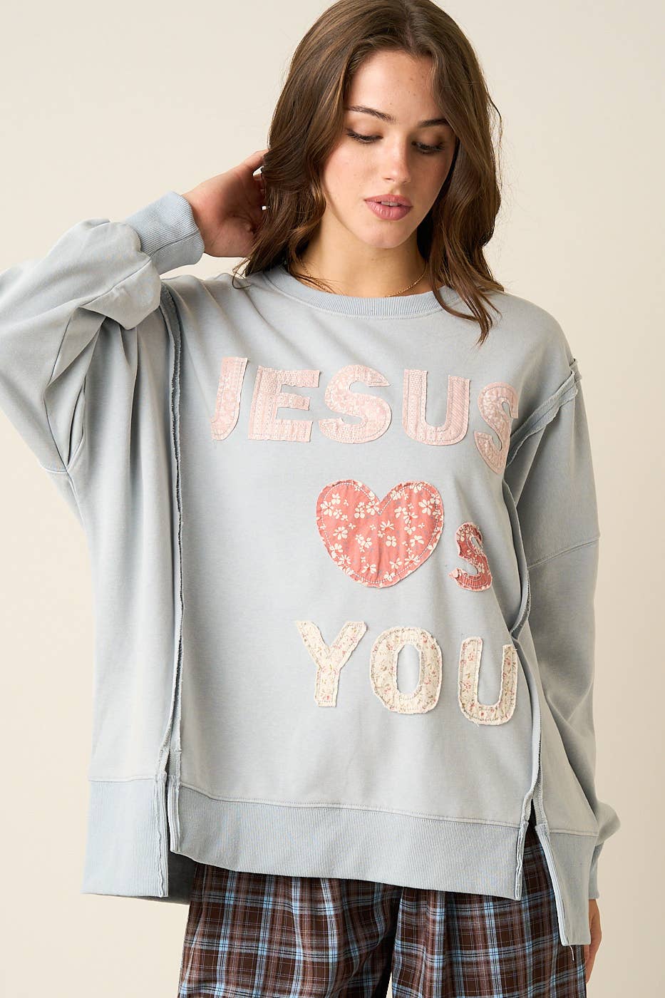 JESUS LOVES YOU PATCHWORK MINERAL WASH SWEATSHIRT