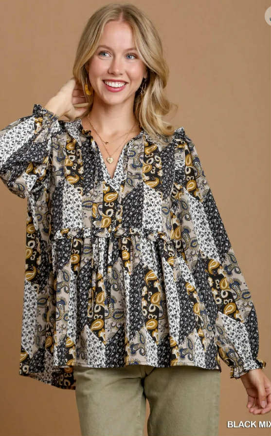 UMGEE - Round Neck Mixed Print Ruffle Blouse