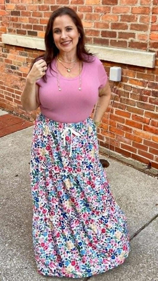 Tiered Floral Print Maxi Skirt