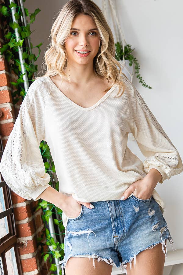 Waffle Knit Lace Contrast V Neck Bishop Sleeve Top  T5054