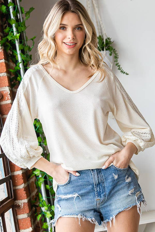 Waffle Knit Lace Contrast V Neck Bishop Sleeve Top  T5054