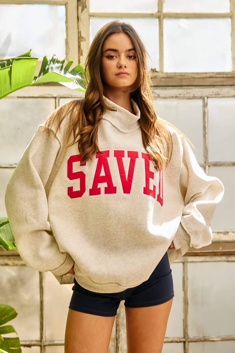 IT2594E-SAVED Embroidered "SAVED" Mock Neck Sweatshirt