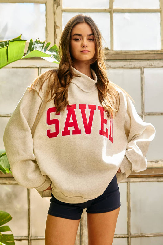 IT2594E-SAVED Embroidered "SAVED" Mock Neck Sweatshirt