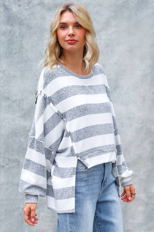 LONG SLEEVE WITH SLITS STRIPE PULLOVER TOP