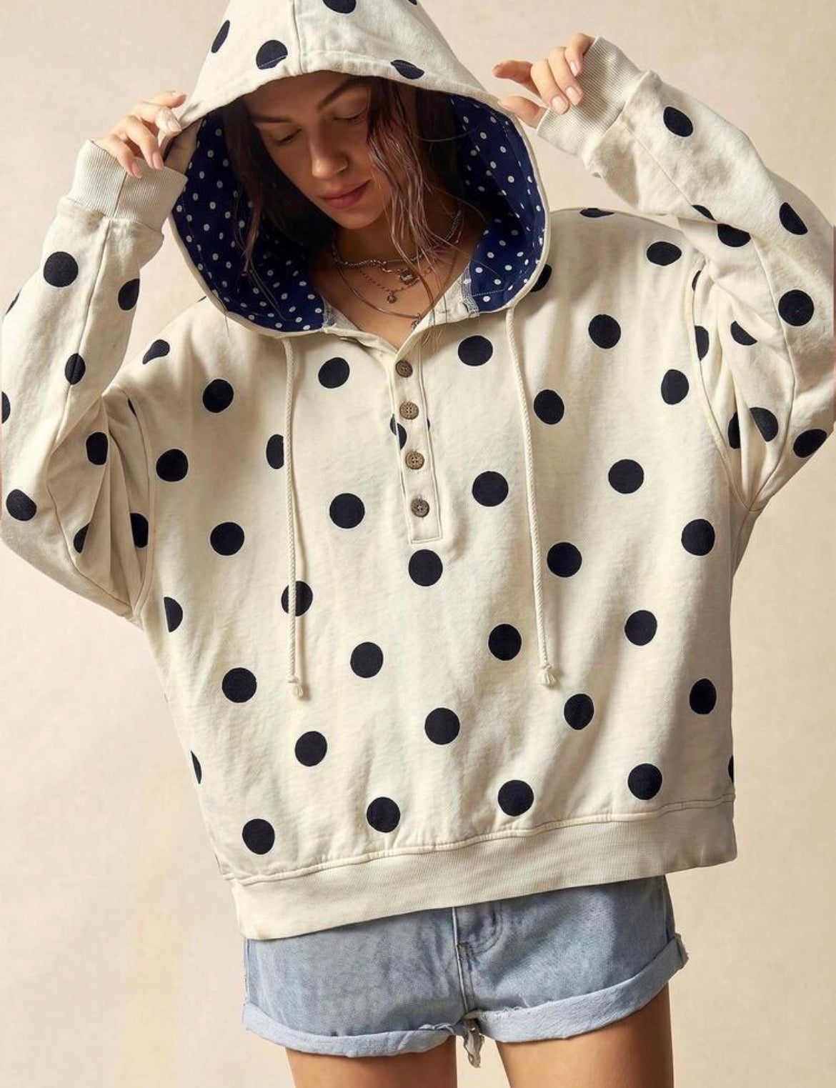 Light Weight Navy Polka Dot Hoodie
