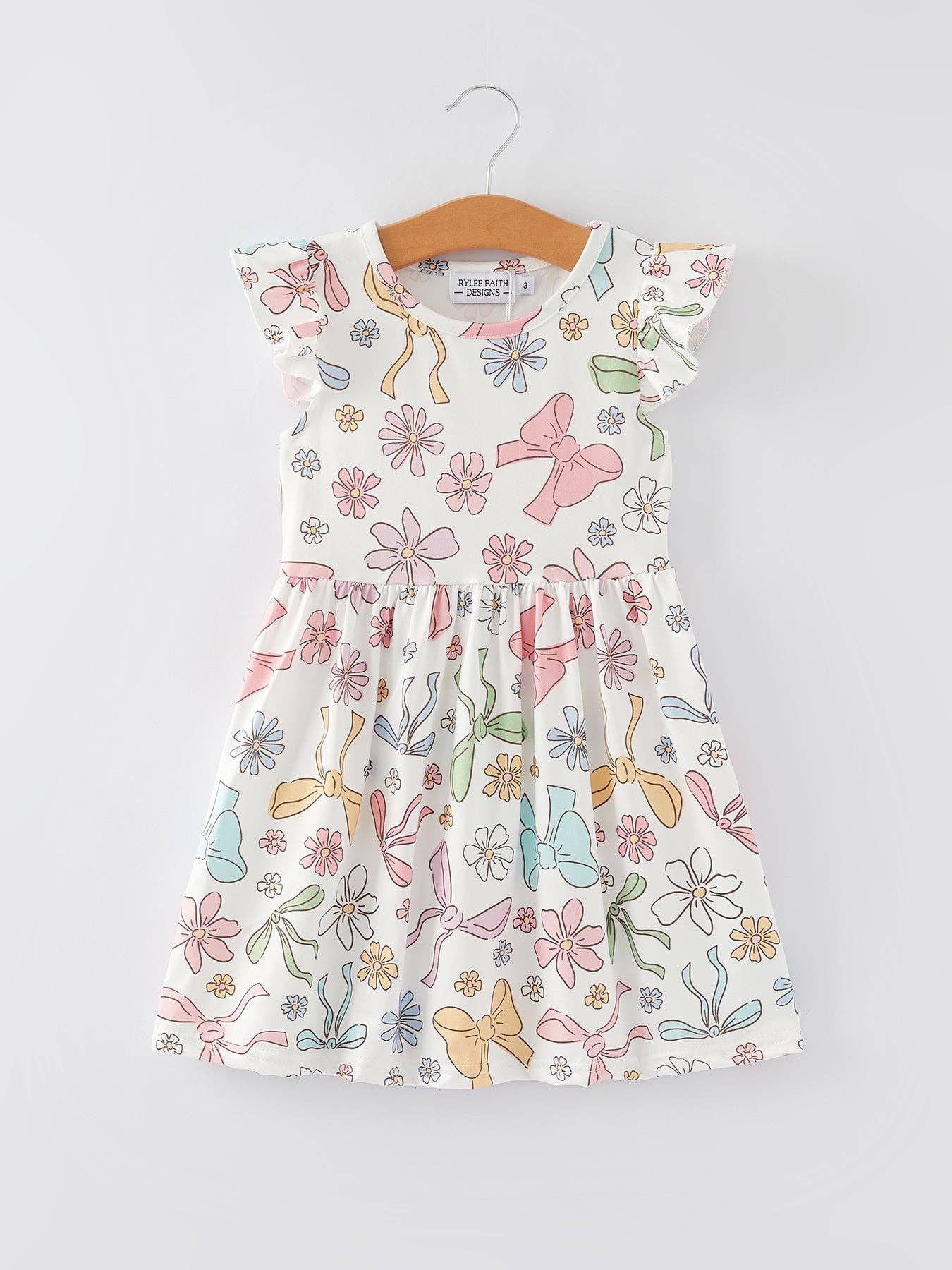 Bow Floral Print Fly Sleeve Girls Dress