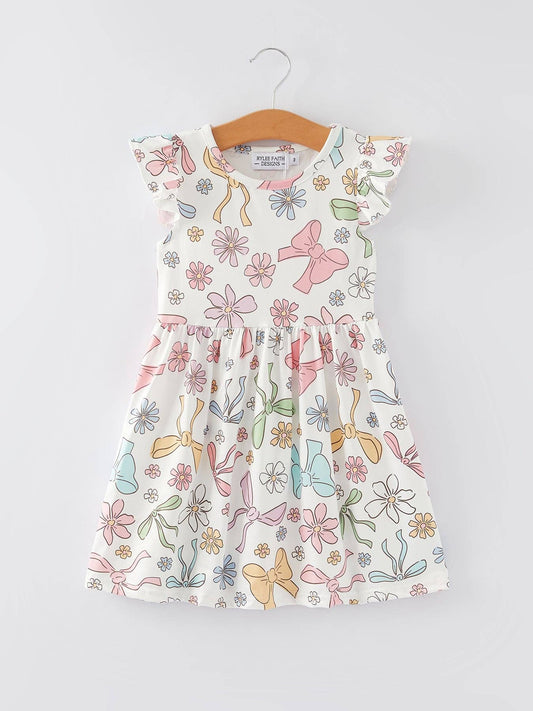 Bow Floral Print Fly Sleeve Girls Dress
