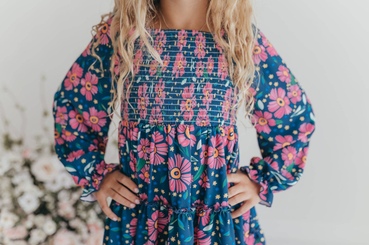 Girls Grace Blue & Pink Flower 3 Tiered Smocked Dress