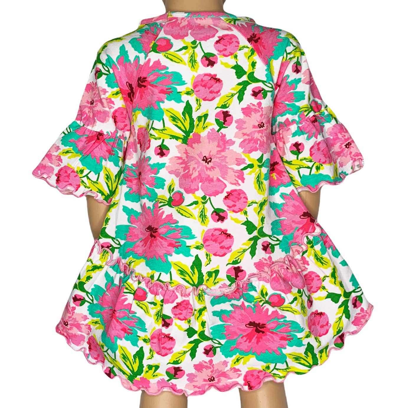 Girls Angel Sleeve Pink Floral Ruffle Hi Low Shirt With Leggings