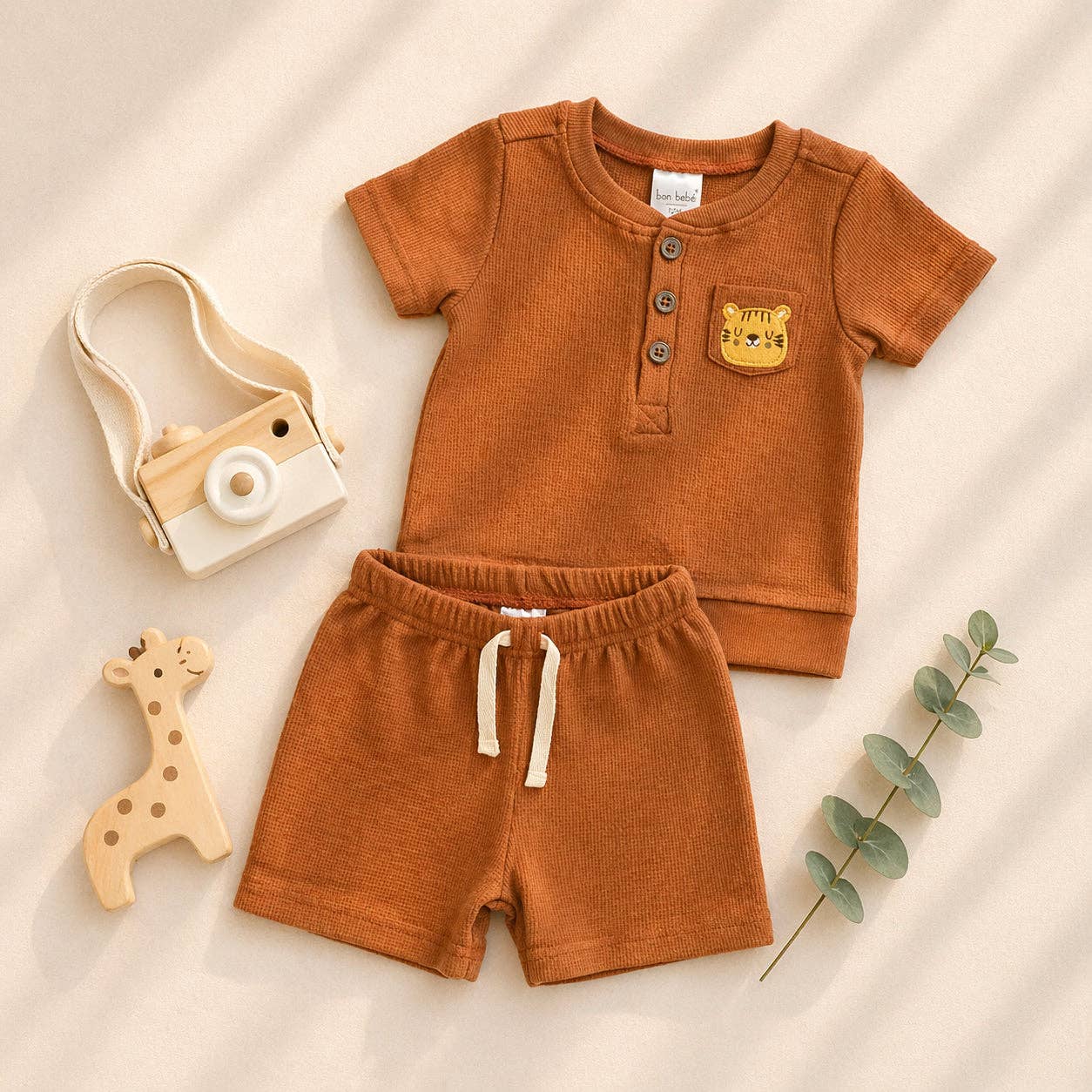 Boys 2pc Summer Cute Waffle Knit Top & Shorts Sets