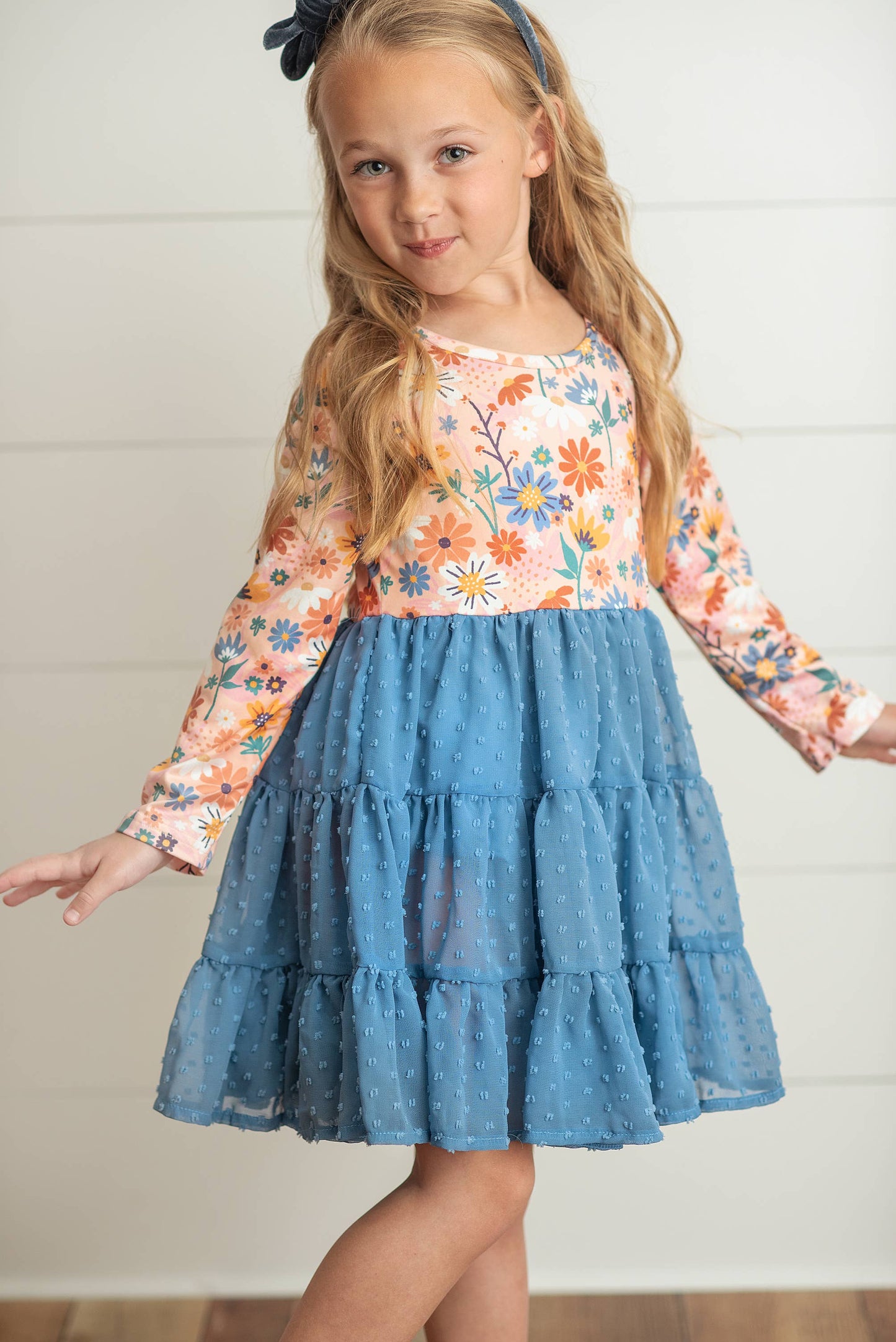 Kids Dusty Blue Flower Print Swiss Dot Tulle Dress