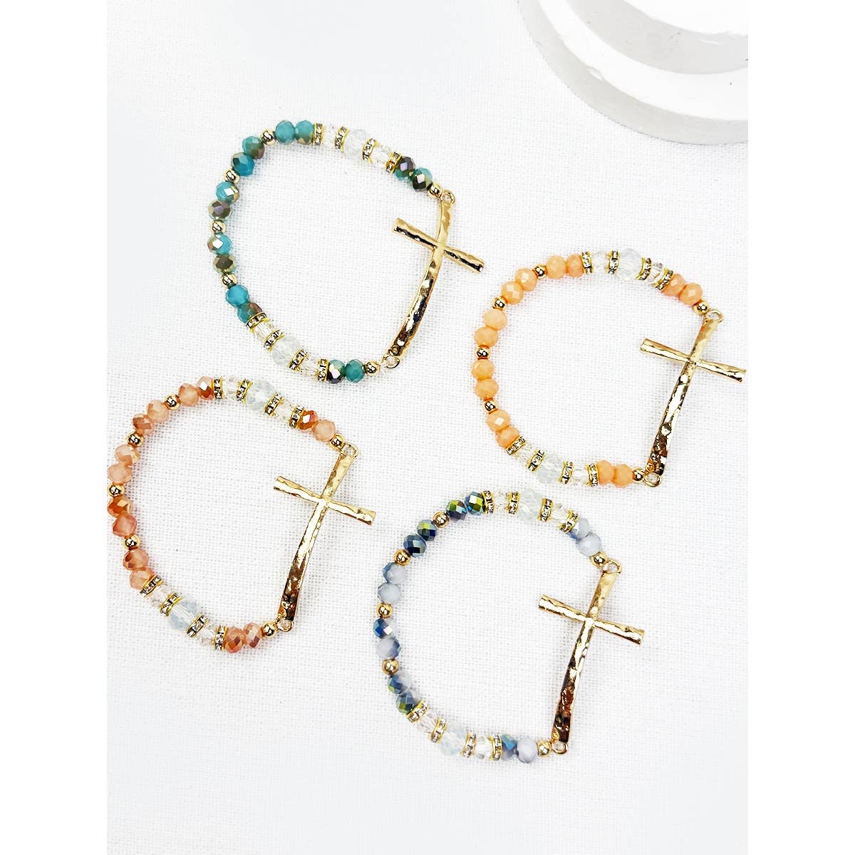 Hammered Cross Bead Stretch Bracelet