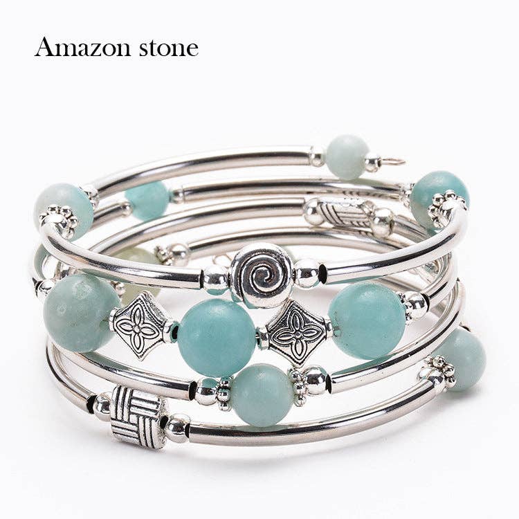 Natural Stone Beaded Wrap Bracelet Stretch Bangle - CS