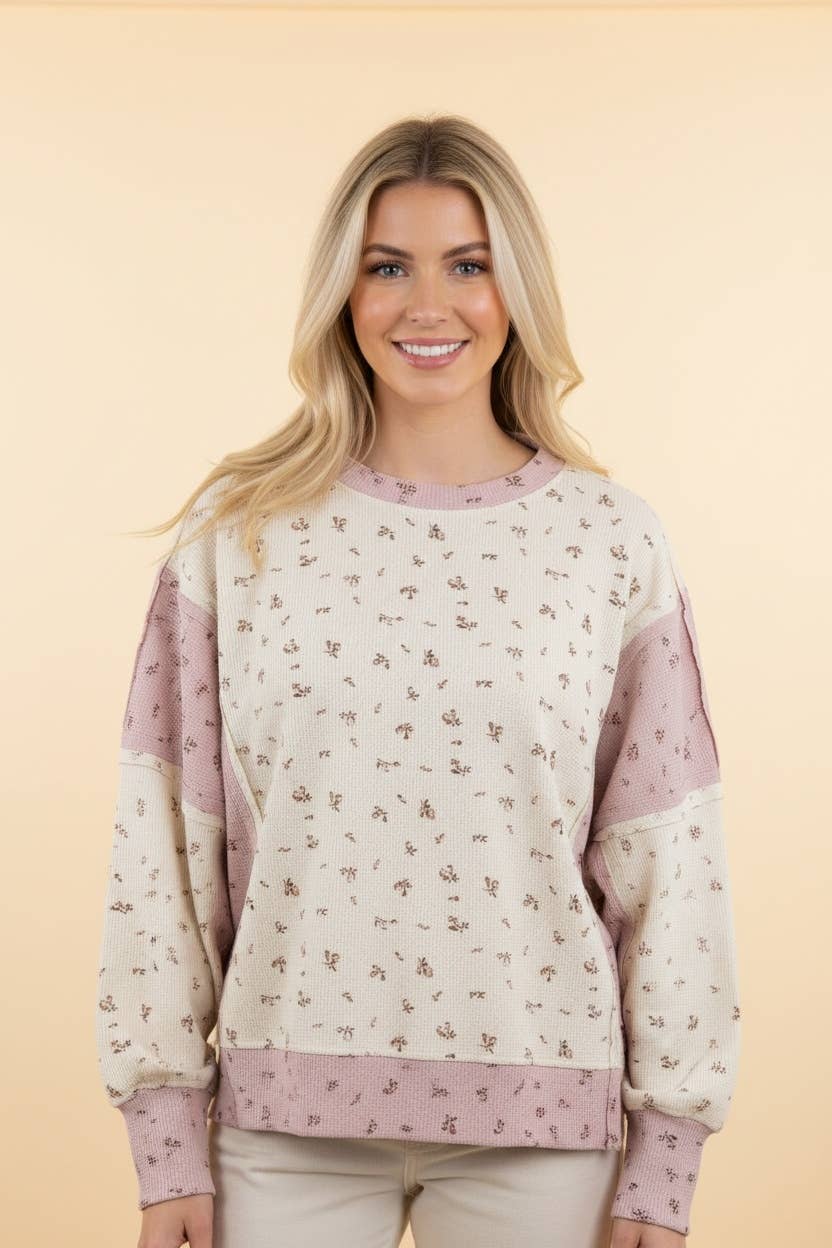 Floral Print Colorblock Waffle Knit Top
