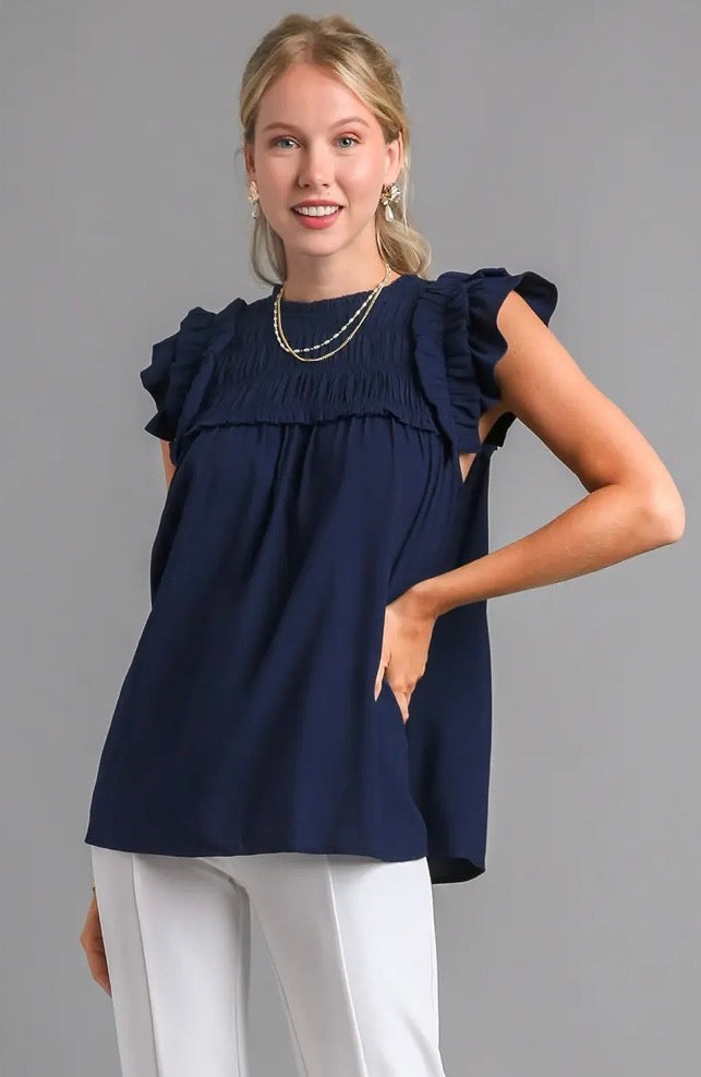 UMGEE Boxy Cut Ruffle Detailed Top with Back Button Keyhole